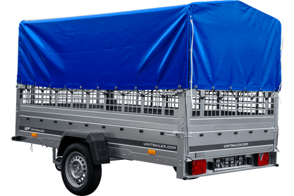 Remolque de coche 264x150 UNITRAILER GARDEN 265 BASCULANTE con laterales de rejilla, estructura H-800 y lona azul