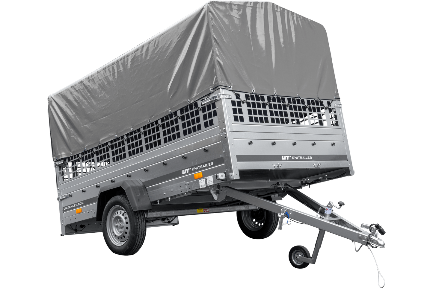 Remolque de coche 264x150 UNITRAILER GARDEN 265 BASCULANTE con laterales de rejilla, estructura alta H-800 y lona gris