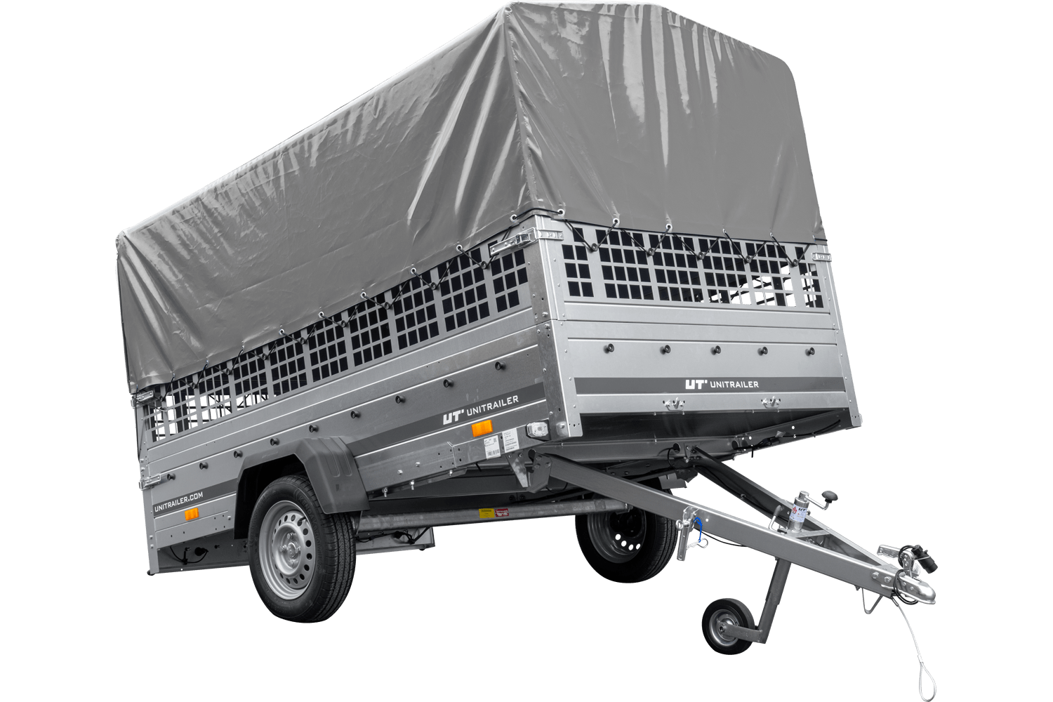 Remolque de coche 264x150 UNITRAILER GARDEN 265 BASCULANTE con laterales de rejilla, estructura alta H-800 y lona gris