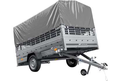 Remolque de coche 264x150 UNITRAILER GARDEN 265 BASCULANTE con laterales de rejilla, estructura alta H-800 y lona gris