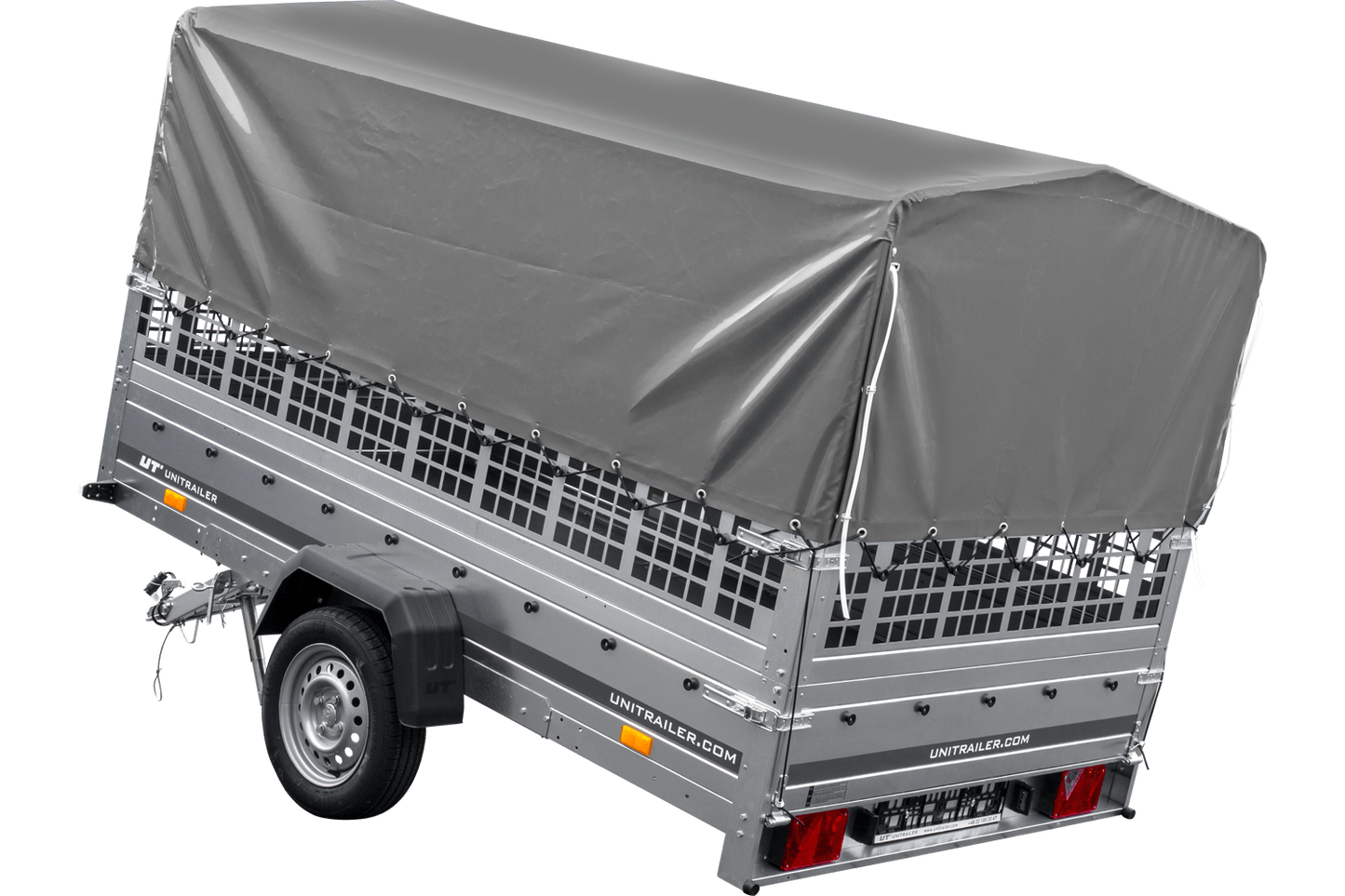 Remolque de coche 264x150 UNITRAILER GARDEN 265 BASCULANTE con laterales de rejilla, estructura alta H-800 y lona gris