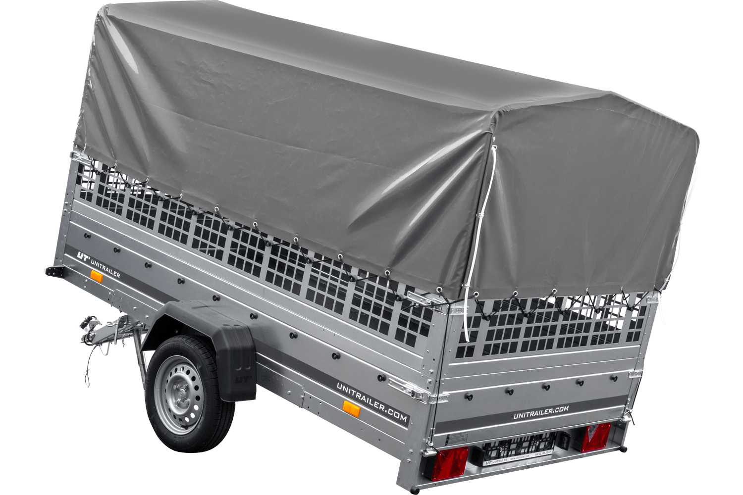 Remolque de coche 264x150 UNITRAILER GARDEN 265 BASCULANTE con laterales de rejilla, estructura alta H-800 y lona gris
