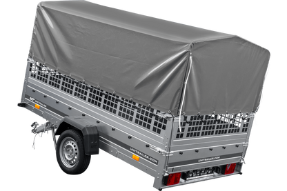 Remolque de coche 264x150 UNITRAILER GARDEN 265 BASCULANTE con laterales de rejilla, estructura alta H-800 y lona gris