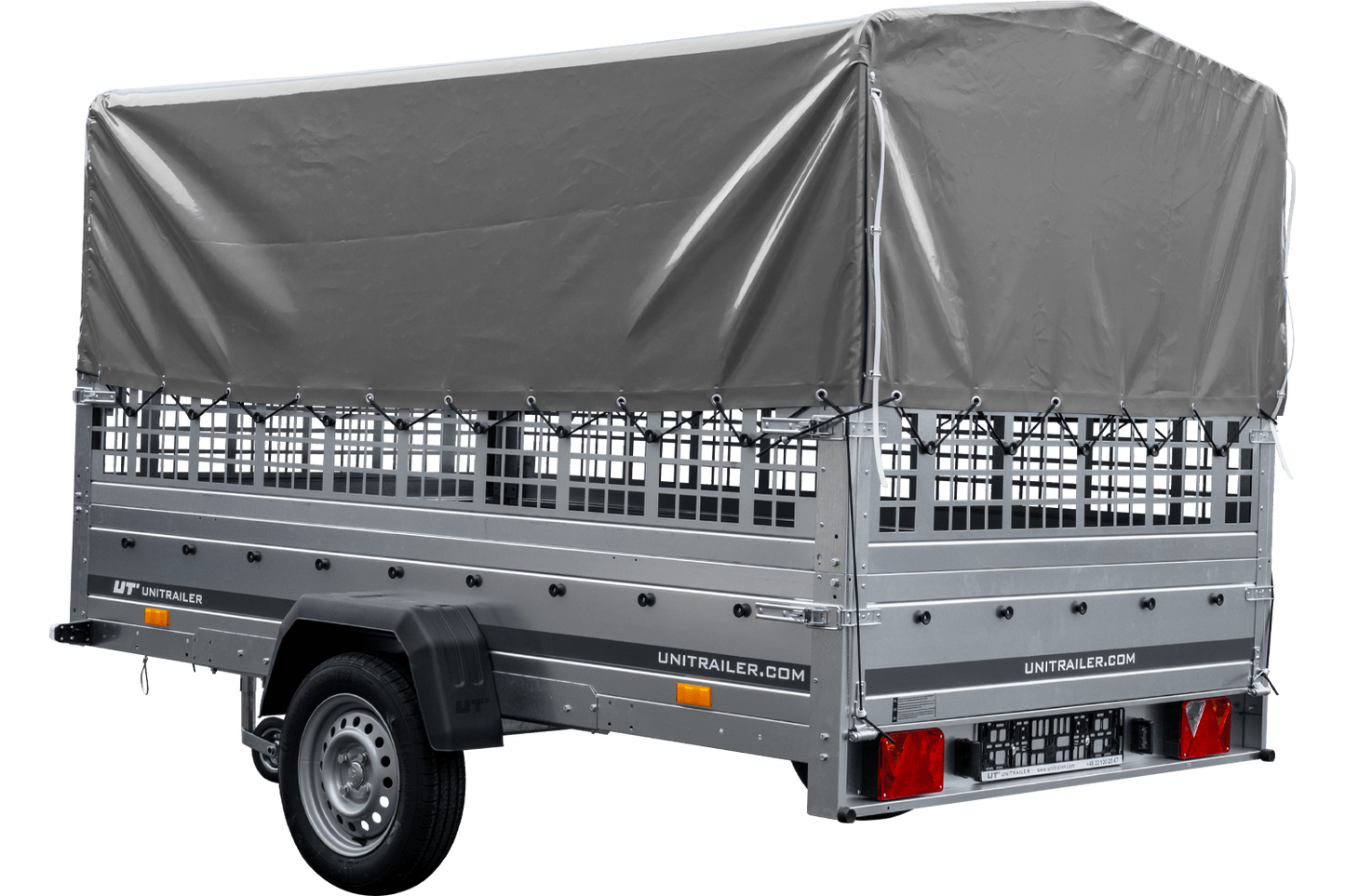 Remolque de coche 264x150 UNITRAILER GARDEN 265 BASCULANTE con laterales de rejilla, estructura alta H-800 y lona gris