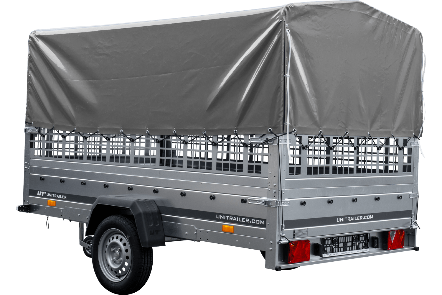 Remolque de coche 264x150 UNITRAILER GARDEN 265 BASCULANTE con laterales de rejilla, estructura alta H-800 y lona gris