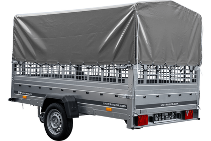 Remolque de coche 264x150 UNITRAILER GARDEN 265 BASCULANTE con laterales de rejilla, estructura alta H-800 y lona gris