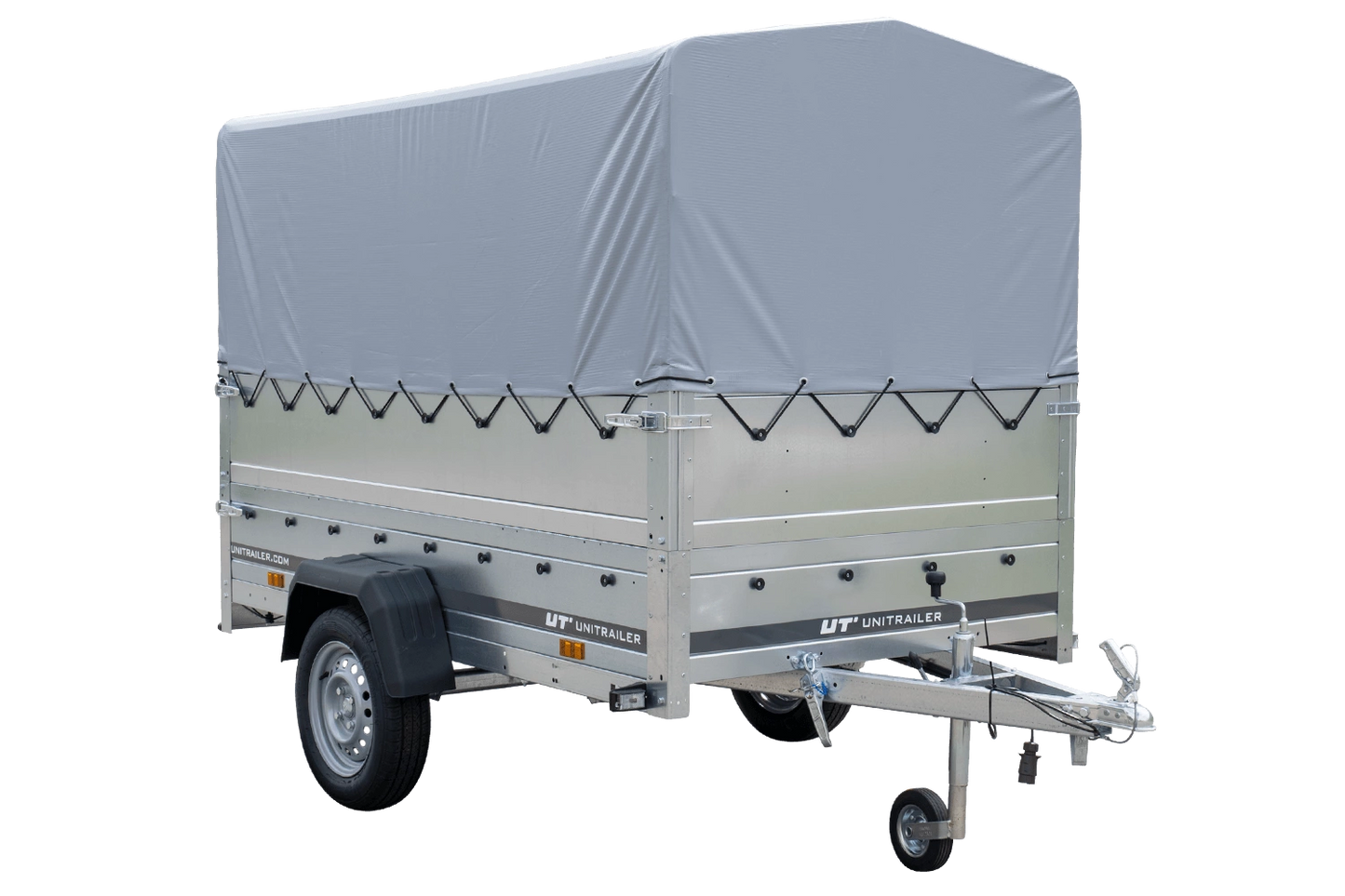 Remolque de coche con muelles 230x125 UNITRAILER GARDEN 230/R BASCULANTE con laterales BIS, marco H-800 y lona gris