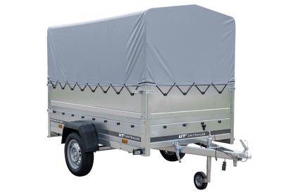 Remolque de coche con muelles 230x125 UNITRAILER GARDEN 230/R BASCULANTE con laterales BIS, marco H-800 y lona gris