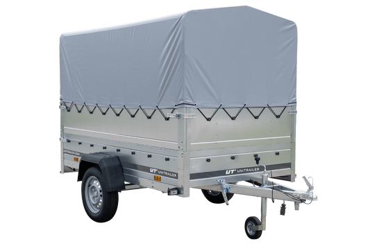 Remolque de coche con muelles 230x125 UNITRAILER GARDEN 230/R BASCULANTE con laterales BIS, marco H-800 y lona gris
