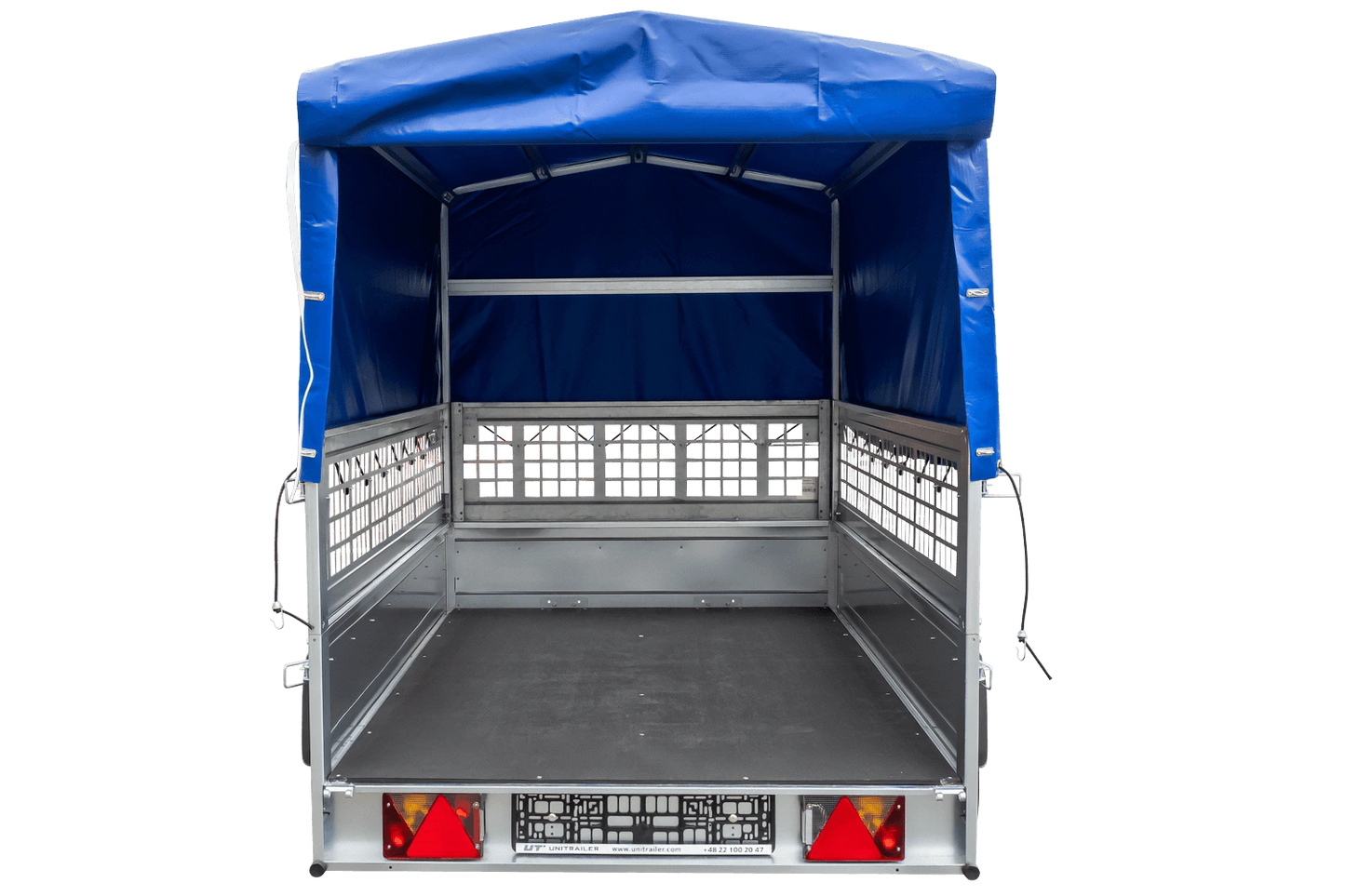 Remolque de coche con muelles 230x125 UNITRAILER GARDEN 230/R BASCULANTE con paredes de rejilla, marco H-800 y lona azul