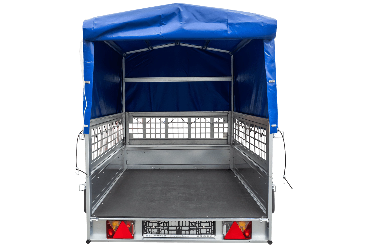 Remolque de coche con muelles 230x125 UNITRAILER GARDEN 230/R BASCULANTE con paredes de rejilla, marco H-800 y lona azul
