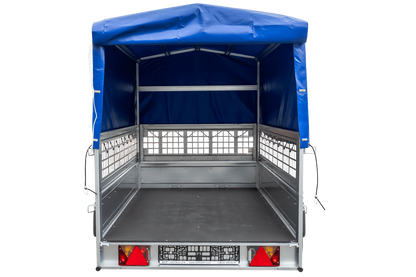 Remolque de coche con muelles 230x125 UNITRAILER GARDEN 230/R BASCULANTE con paredes de rejilla, marco H-800 y lona azul