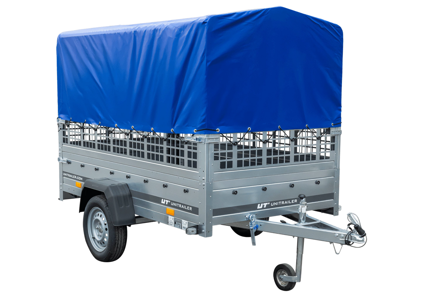 Remolque de coche con muelles 230x125 UNITRAILER GARDEN 230/R BASCULANTE con paredes de rejilla, marco H-800 y lona azul