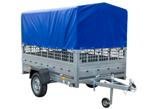 Remolque de coche con muelles 230x125 UNITRAILER GARDEN 230/R BASCULANTE con paredes de rejilla, marco H-800 y lona azul