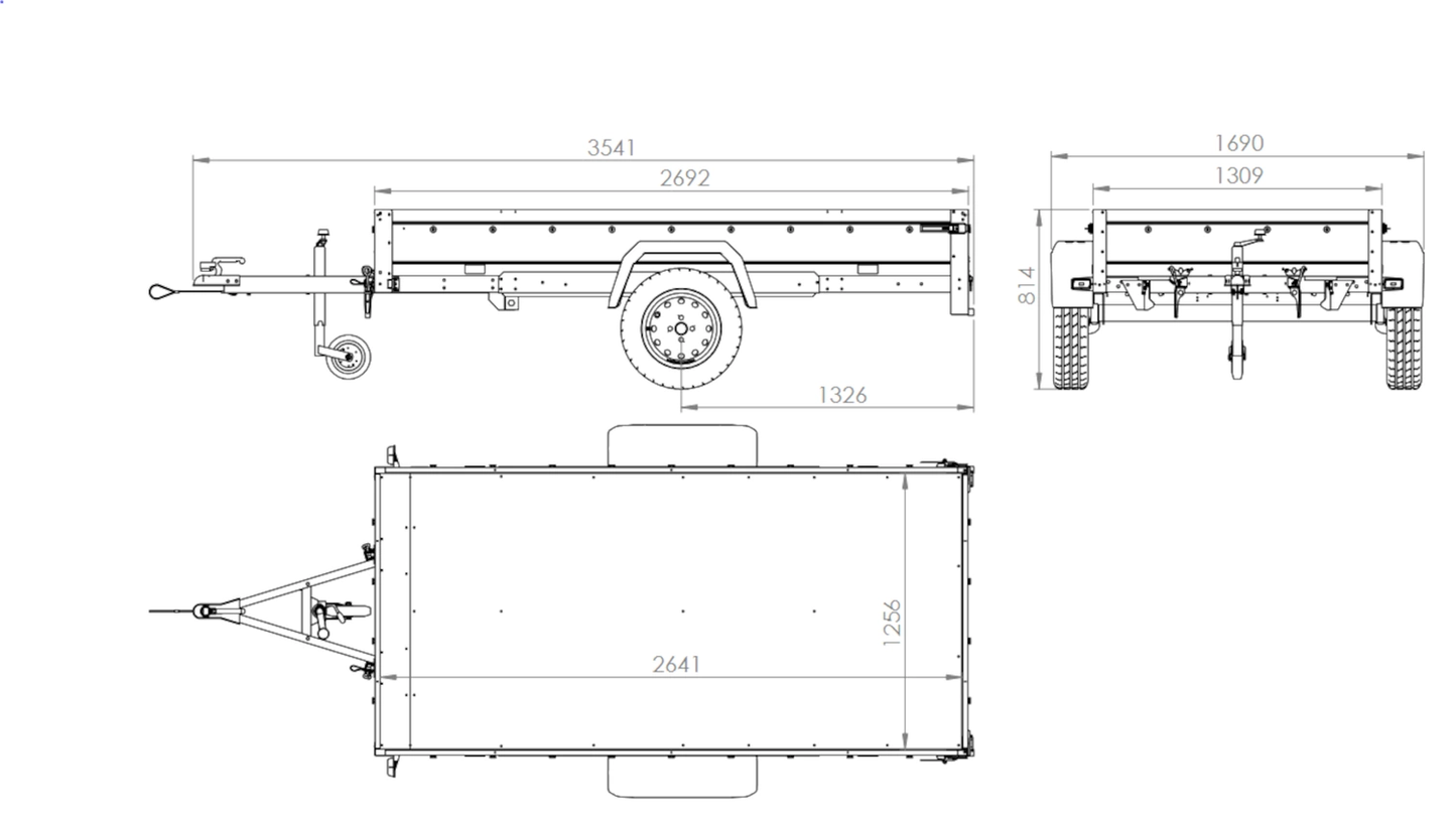 Remolque de coche con muelles 264x125 UNITRAILER GARDEN 264/R BASCULANTE con laterales BIS, marco H-800 y lona azul