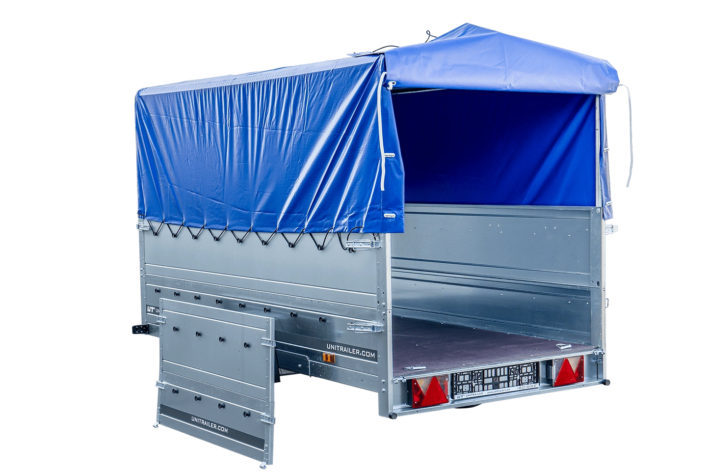 Remolque de coche con muelles 264x125 UNITRAILER GARDEN 264/R BASCULANTE con laterales BIS, marco H-800 y lona azul