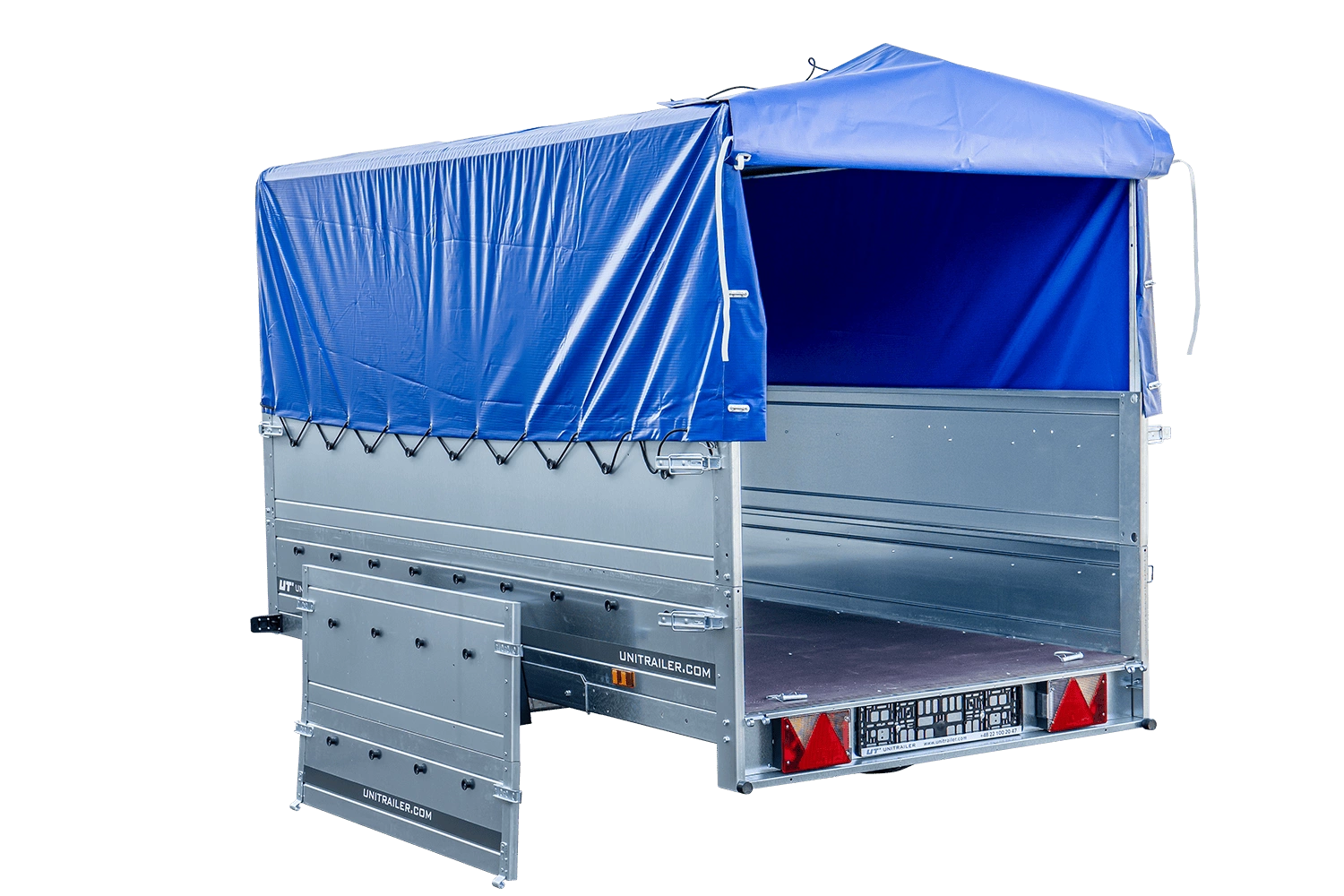Remolque de coche con muelles 264x125 UNITRAILER GARDEN 264/R BASCULANTE con laterales BIS, marco H-800 y lona azul