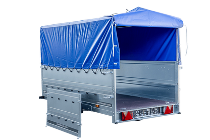 Remolque de coche con muelles 264x125 UNITRAILER GARDEN 264/R BASCULANTE con laterales BIS, marco H-800 y lona azul