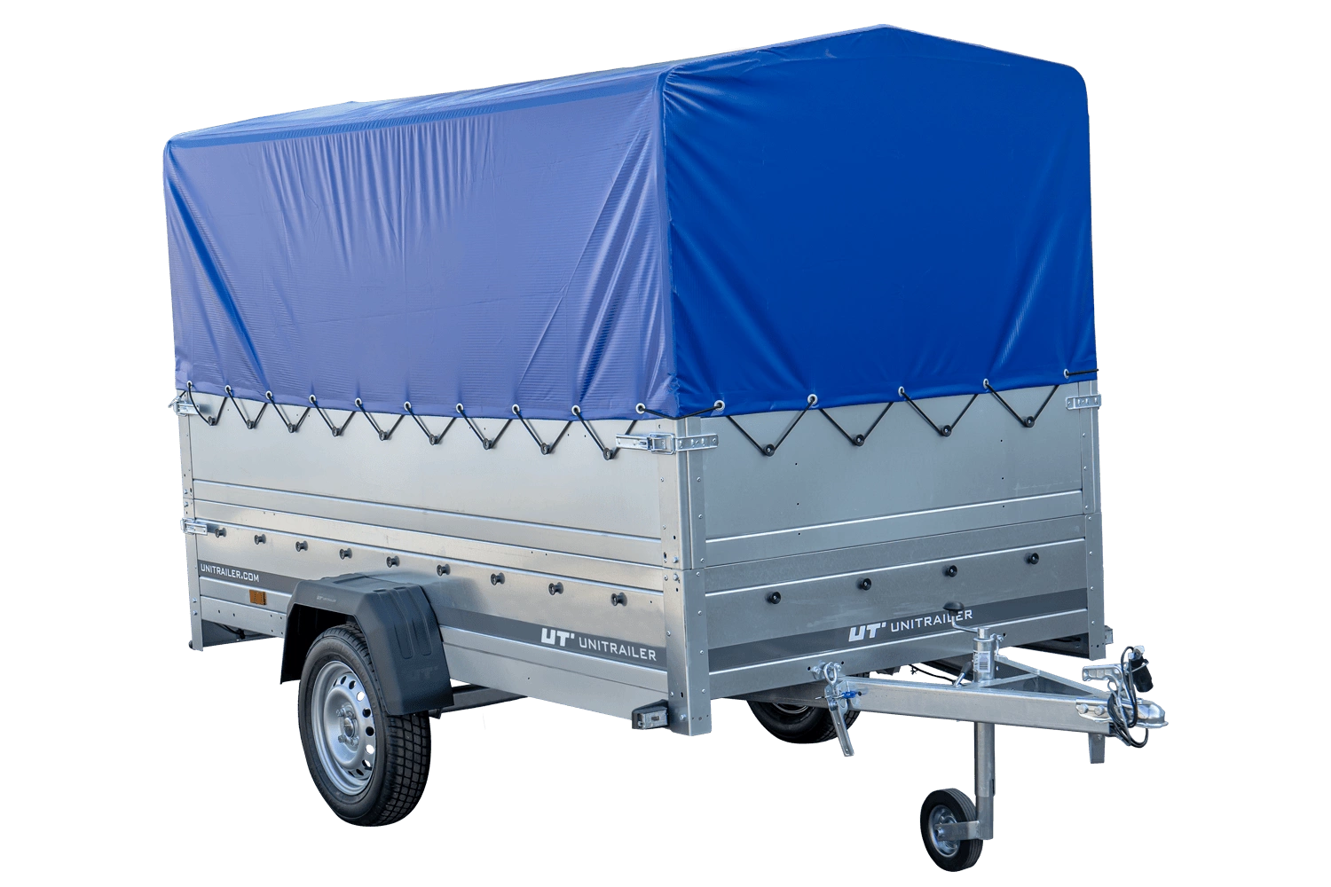 Remolque de coche con muelles 264x125 UNITRAILER GARDEN 264/R BASCULANTE con laterales BIS, marco H-800 y lona azul
