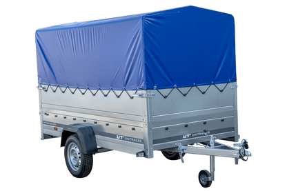 Remolque de coche con muelles 264x125 UNITRAILER GARDEN 264/R BASCULANTE con laterales BIS, marco H-800 y lona azul