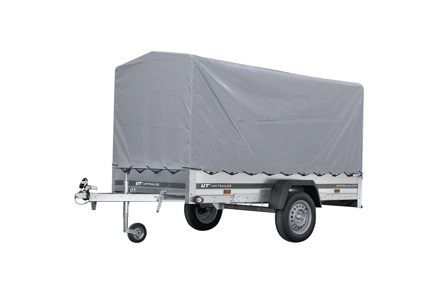 Remolque de coche con muelles 264x125 UNITRAILER GARDEN 264/R BASCULANTE con marco H-1100 y lona gris