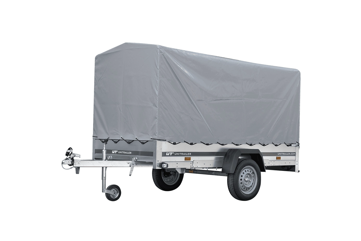 Remolque de coche con muelles 264x125 UNITRAILER GARDEN 264/R BASCULANTE con marco H-1100 y lona gris