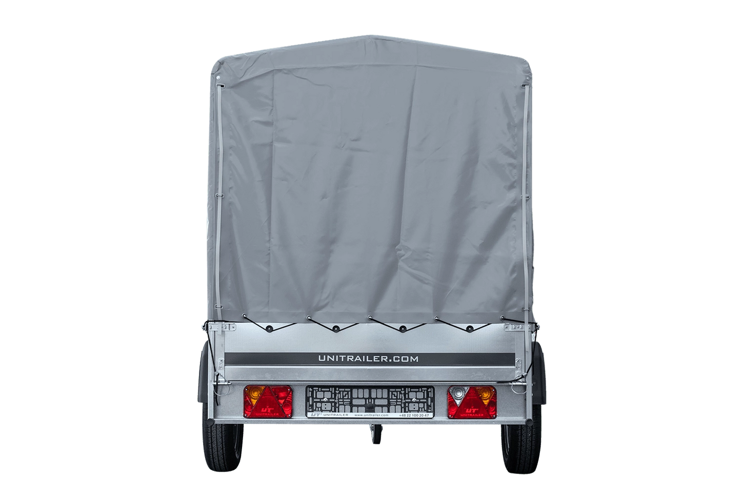 Remolque de coche con muelles 264x125 UNITRAILER GARDEN 264/R BASCULANTE con marco H-1100 y lona gris