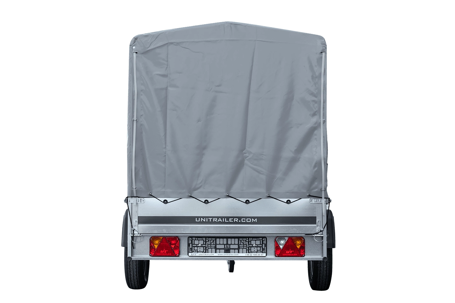 Remolque de coche con muelles 264x125 UNITRAILER GARDEN 264/R BASCULANTE con marco H-1100 y lona gris