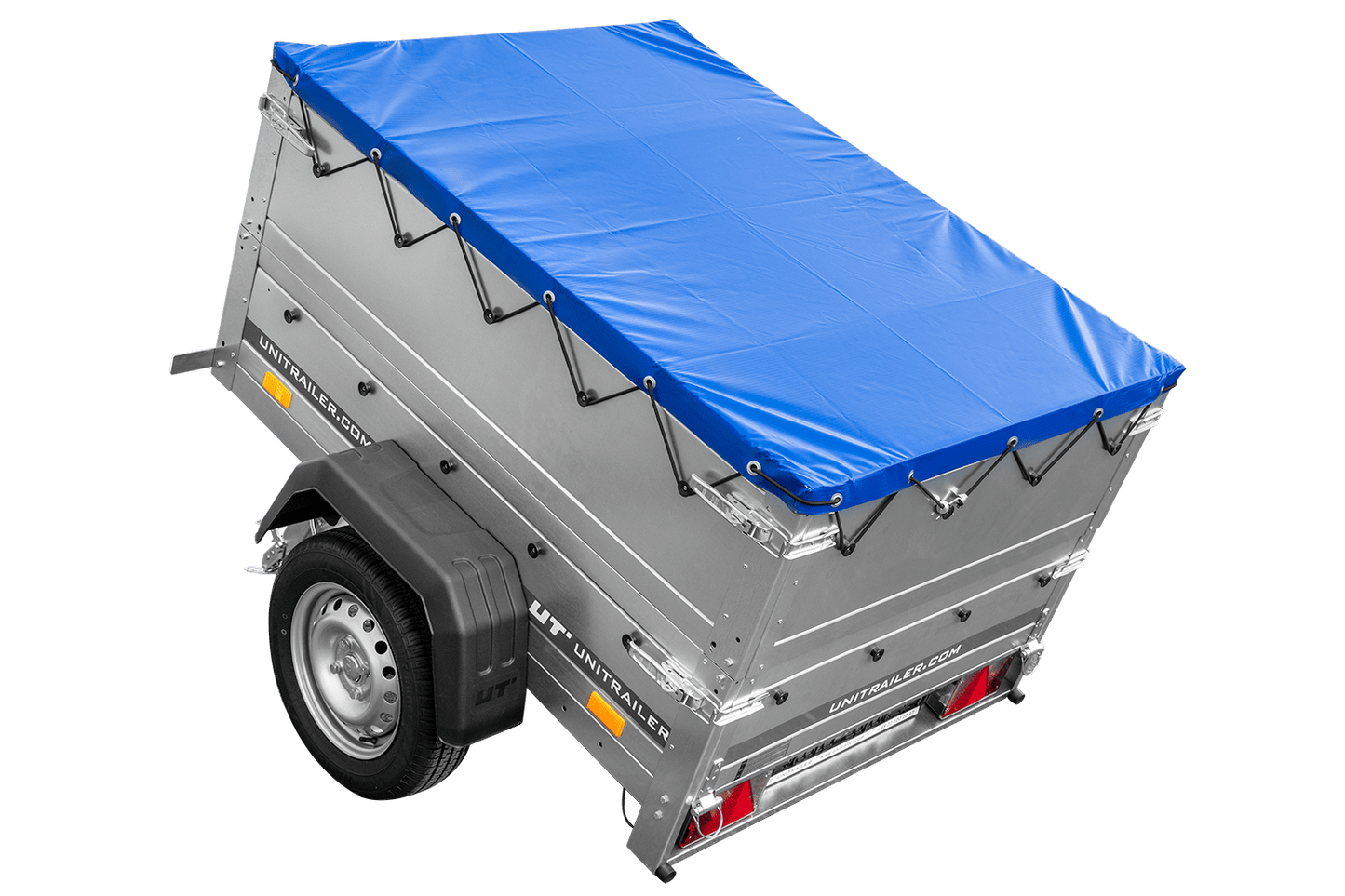 Remolque de coche nuevo GARDEN TRAILER 150 BASCULANTE con paredes laterales adicionales, rueda de apoyo y lona plana azul