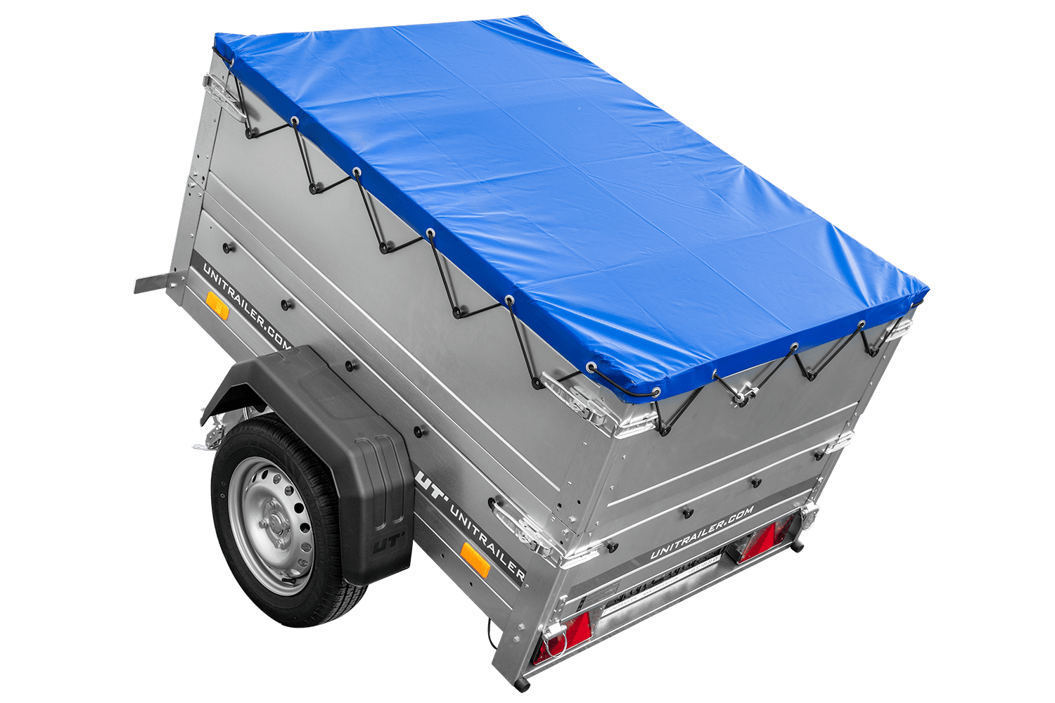 Remolque de coche nuevo GARDEN TRAILER 150 BASCULANTE con paredes laterales adicionales, rueda de apoyo y lona plana azul