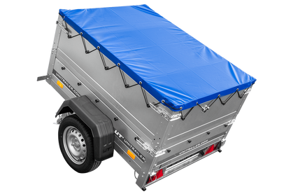 Remolque de coche nuevo GARDEN TRAILER 150 BASCULANTE con paredes laterales adicionales, rueda de apoyo y lona plana azul