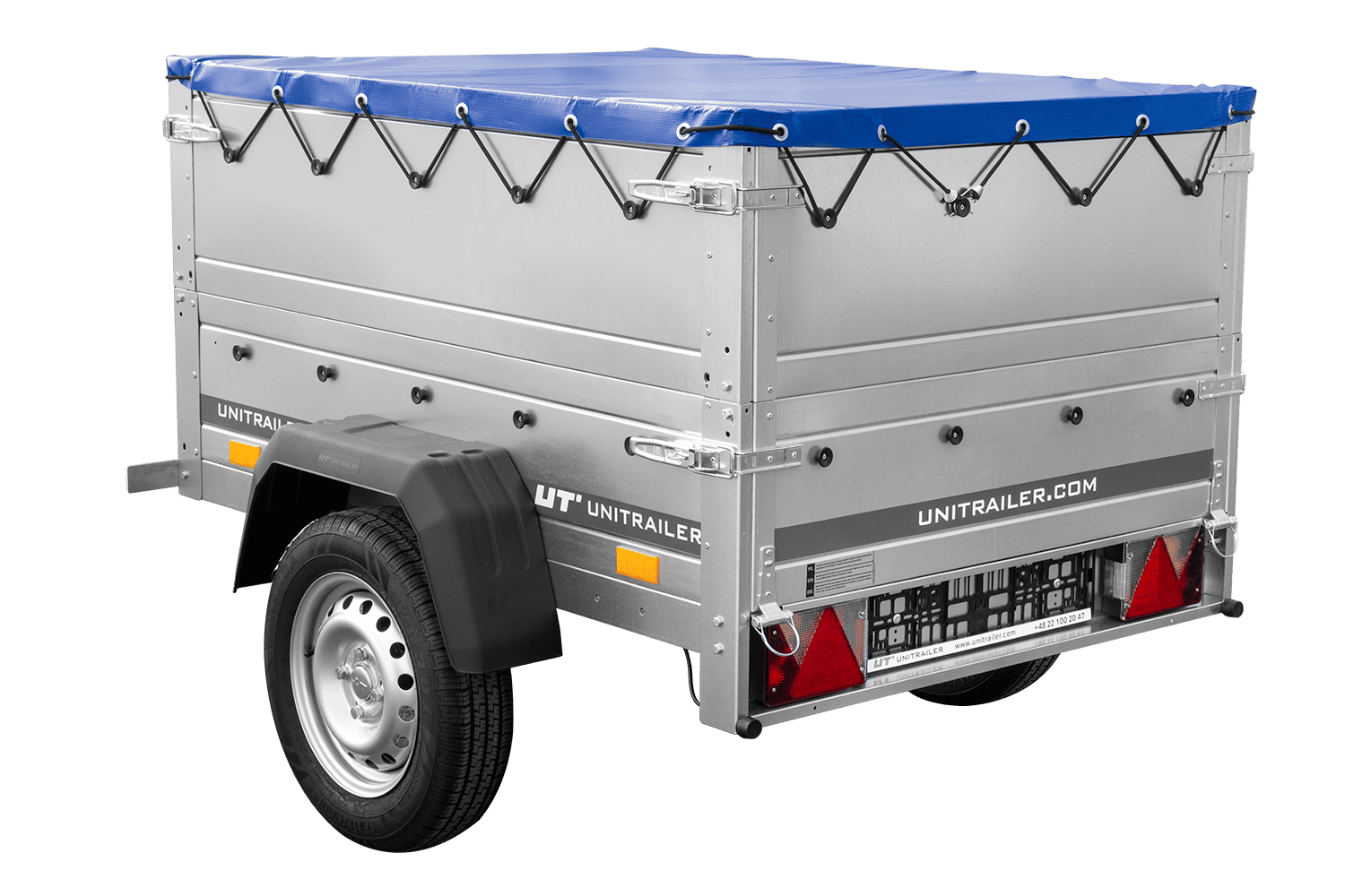 Remolque de coche nuevo GARDEN TRAILER 150 BASCULANTE con paredes laterales adicionales, rueda de apoyo y lona plana azul