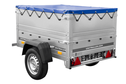 Remolque de coche nuevo GARDEN TRAILER 150 BASCULANTE con paredes laterales adicionales, rueda de apoyo y lona plana azul