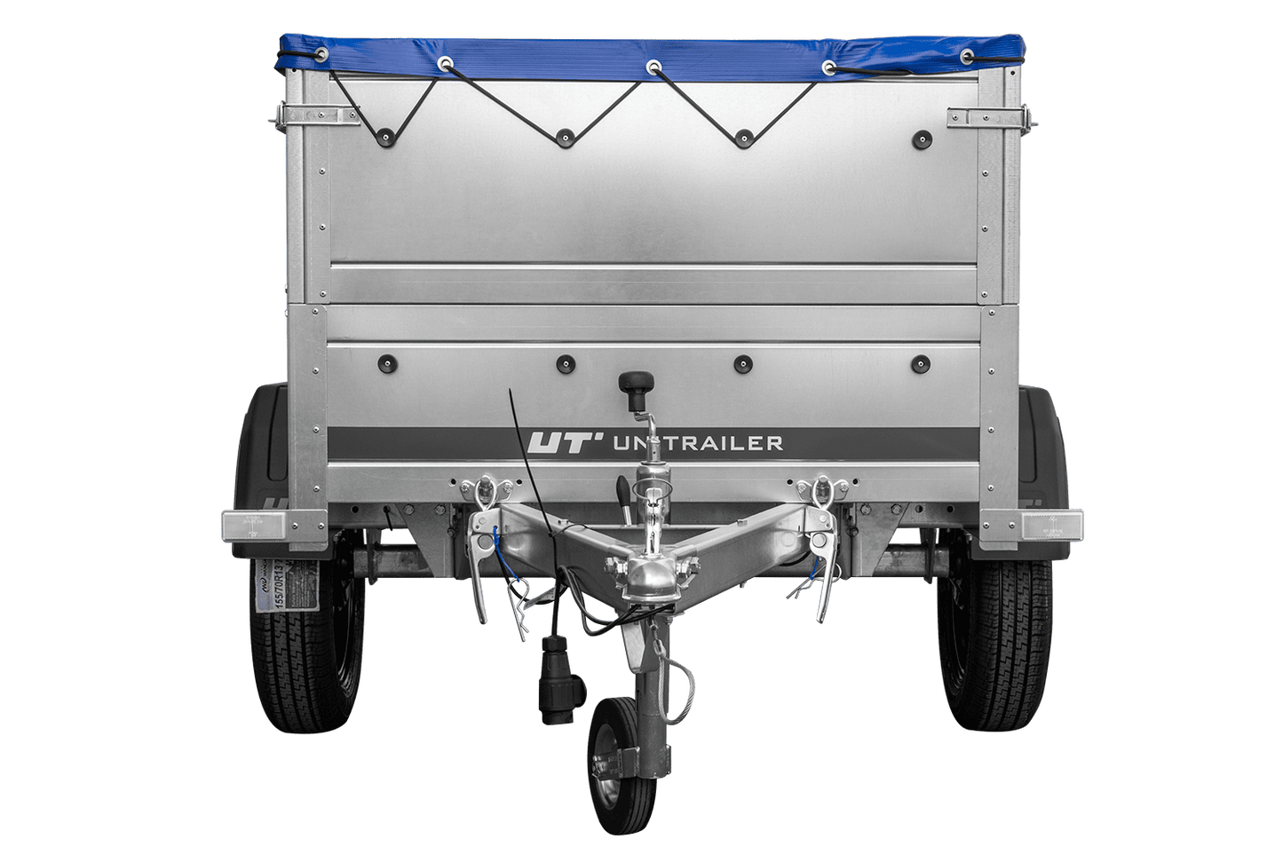 Remolque de coche nuevo GARDEN TRAILER 150 BASCULANTE con paredes laterales adicionales, rueda de apoyo y lona plana azul