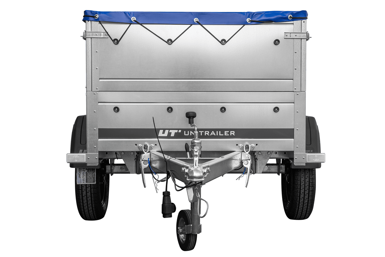 Remolque de coche nuevo GARDEN TRAILER 150 BASCULANTE con paredes laterales adicionales, rueda de apoyo y lona plana azul