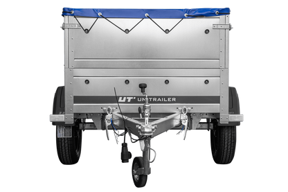 Remolque de coche nuevo GARDEN TRAILER 150 BASCULANTE con paredes laterales adicionales, rueda de apoyo y lona plana azul