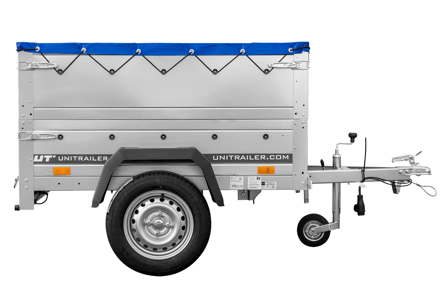 Remolque de coche nuevo GARDEN TRAILER 150 BASCULANTE con paredes laterales adicionales, rueda de apoyo y lona plana azul