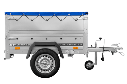 Remolque de coche nuevo GARDEN TRAILER 150 BASCULANTE con paredes laterales adicionales, rueda de apoyo y lona plana azul