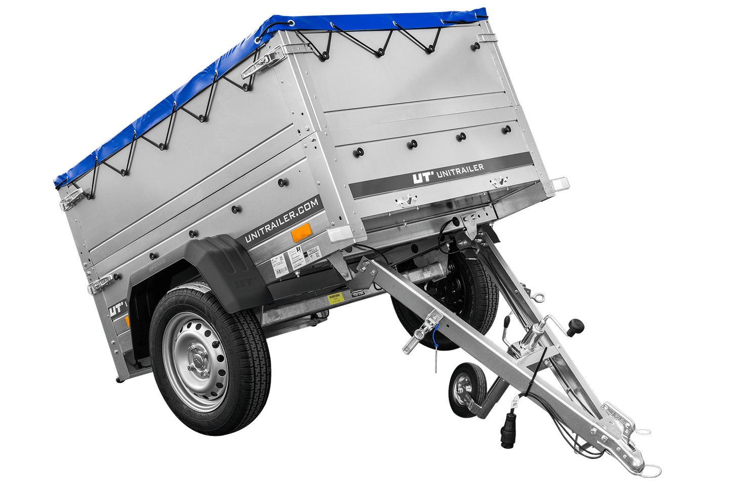 Remolque de coche nuevo GARDEN TRAILER 150 BASCULANTE con paredes laterales adicionales, rueda de apoyo y lona plana azul