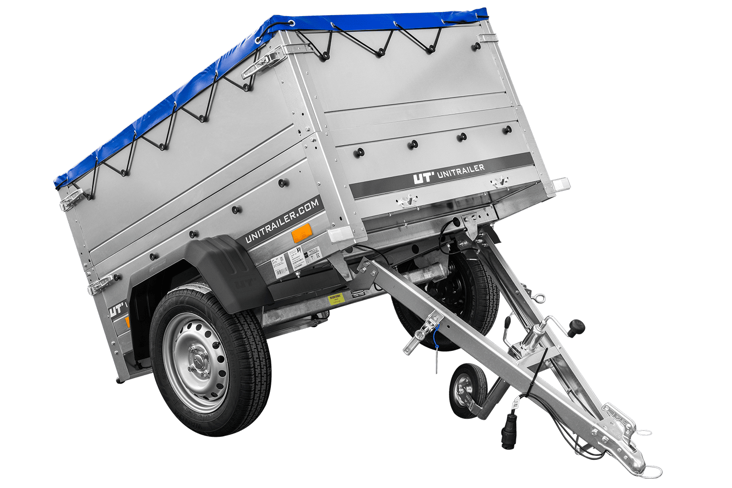 Remolque de coche nuevo GARDEN TRAILER 150 BASCULANTE con paredes laterales adicionales, rueda de apoyo y lona plana azul