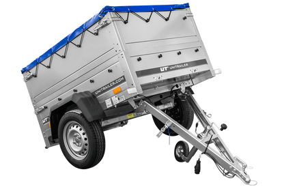 Remolque de coche nuevo GARDEN TRAILER 150 BASCULANTE con paredes laterales adicionales, rueda de apoyo y lona plana azul