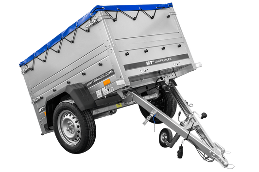 Remolque de coche nuevo GARDEN TRAILER 150 BASCULANTE con paredes laterales adicionales, rueda de apoyo y lona plana azul