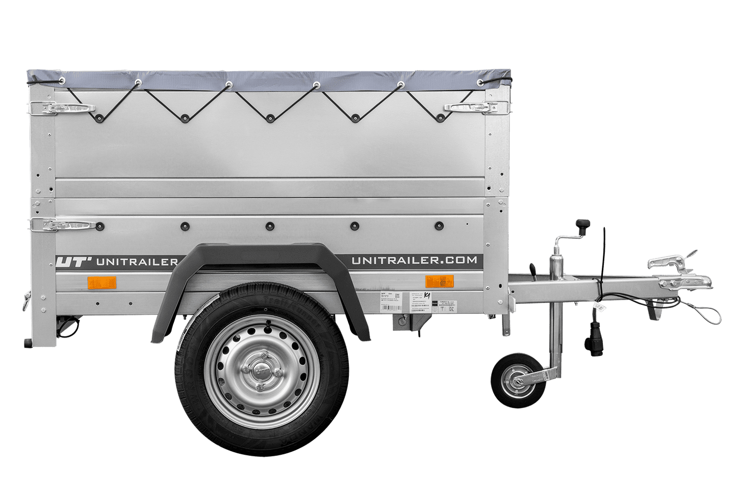 Remolque de coche nuevo GARDEN TRAILER 150 BASCULANTE con laterales adicionales, rueda de apoyo y lona plana gris
