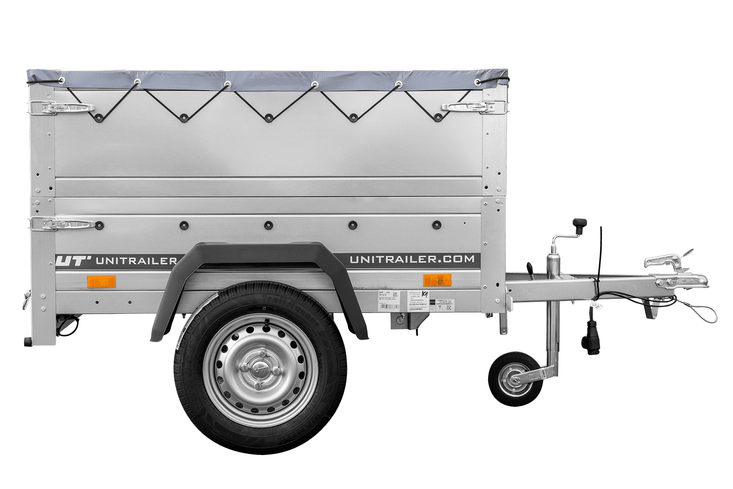 Remolque de coche nuevo GARDEN TRAILER 150 BASCULANTE con laterales adicionales, rueda de apoyo y lona plana gris