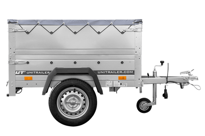 Remolque de coche nuevo GARDEN TRAILER 150 BASCULANTE con laterales adicionales, rueda de apoyo y lona plana gris