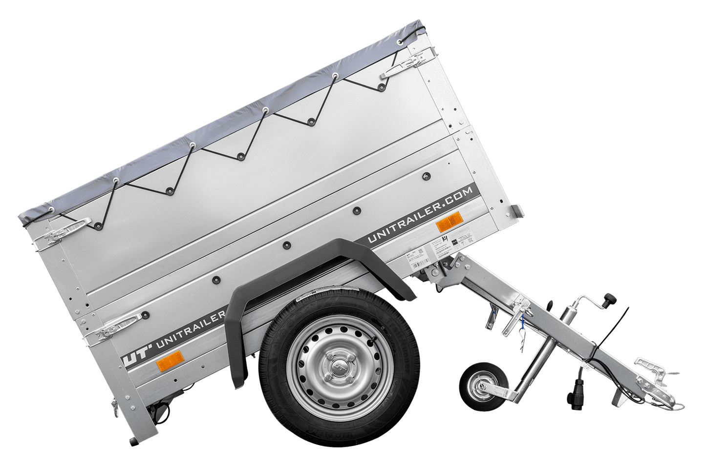 Remolque de coche nuevo GARDEN TRAILER 150 BASCULANTE con laterales adicionales, rueda de apoyo y lona plana gris