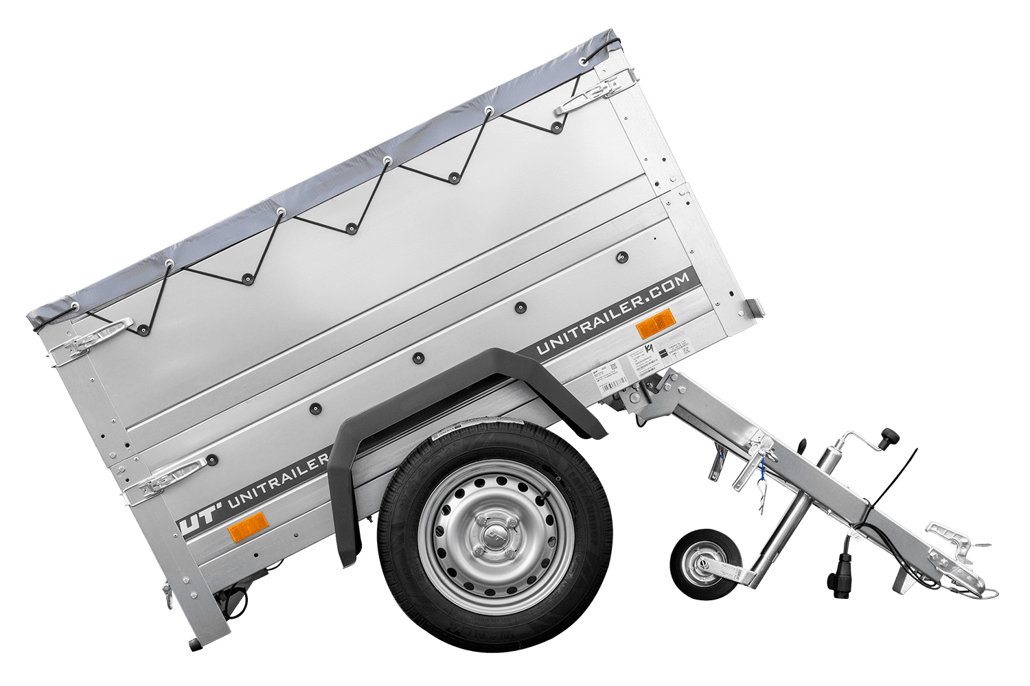 Remolque de coche nuevo GARDEN TRAILER 150 BASCULANTE con laterales adicionales, rueda de apoyo y lona plana gris