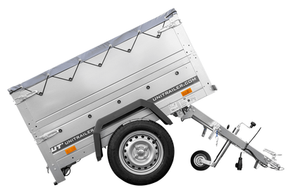 Remolque de coche nuevo GARDEN TRAILER 150 BASCULANTE con laterales adicionales, rueda de apoyo y lona plana gris