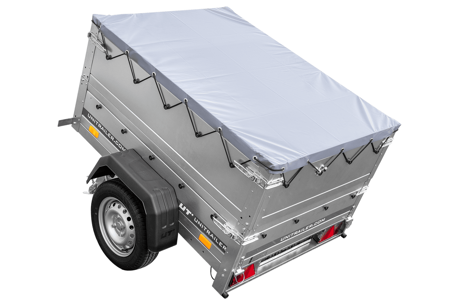 Remolque de coche nuevo GARDEN TRAILER 150 BASCULANTE con laterales adicionales, rueda de apoyo y lona plana gris