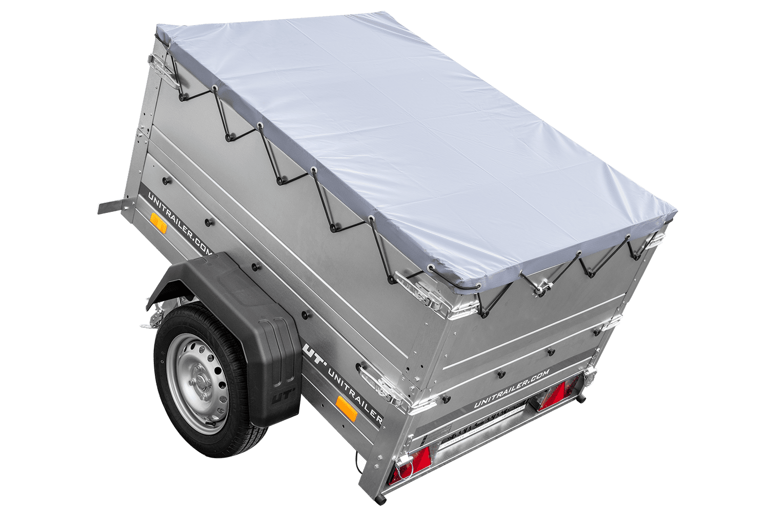 Remolque de coche nuevo GARDEN TRAILER 150 BASCULANTE con laterales adicionales, rueda de apoyo y lona plana gris